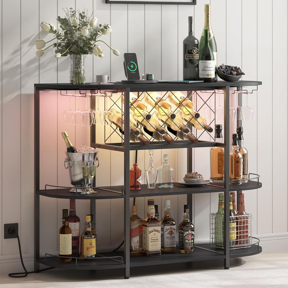 Wine & Beer Shop - Zwarte 3-laags salontafel met wijnrek, stopcontact