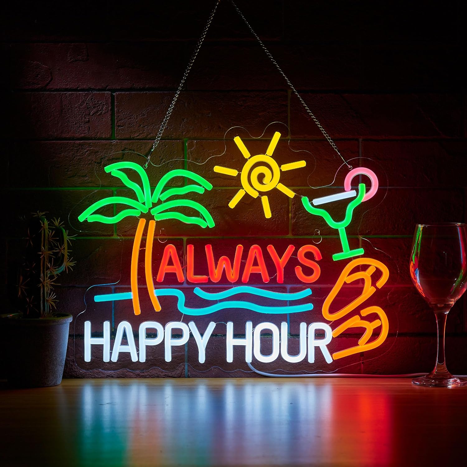 Beer & Wine Downtown - Altijd Happy Hour Bierbar Neonbord voor