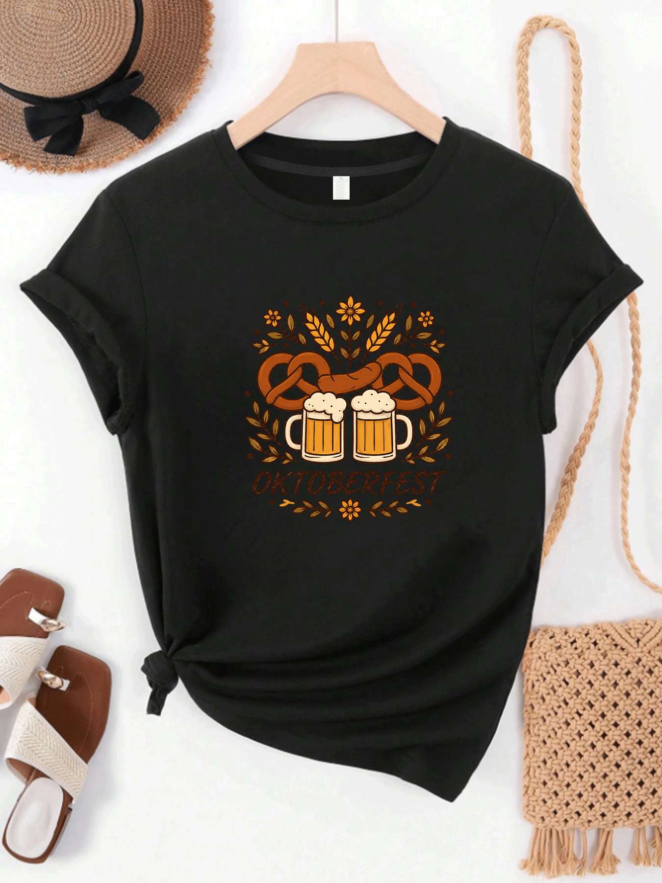 Beer And Wine Festival - 【MYJ062633】Beer Festival dames T-shirt wijnset tekstpatroon